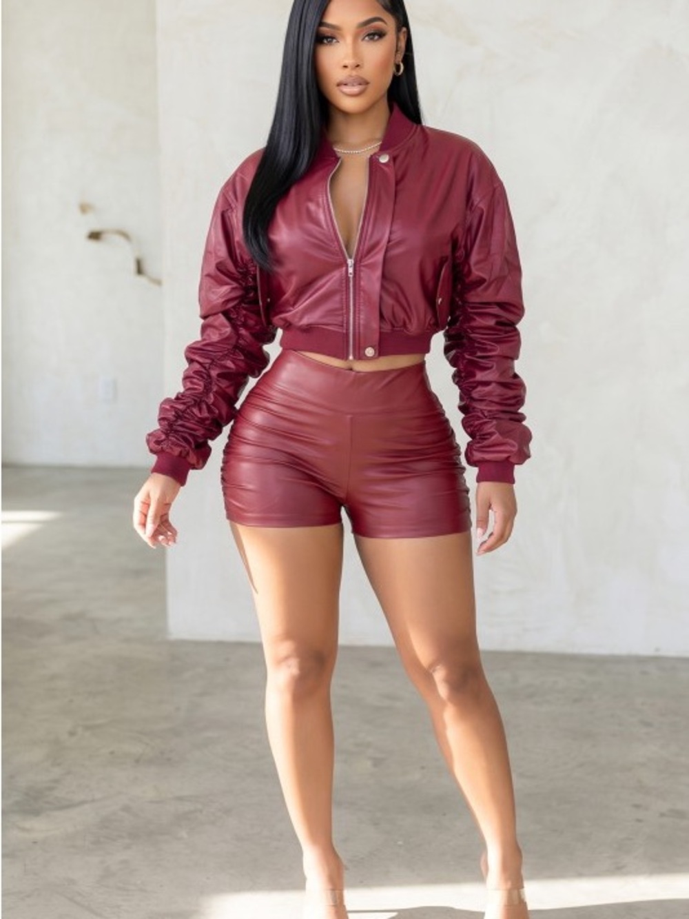 High-Waist Faux Leather Shorts in Burgundy - Sleek Women's Short P-64039-3CLRS